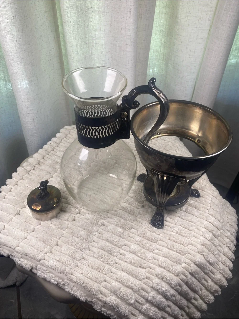 Vintage FB Rogers Silverplate Glass Coffee Carafe & Clawfoot Warmer Stand